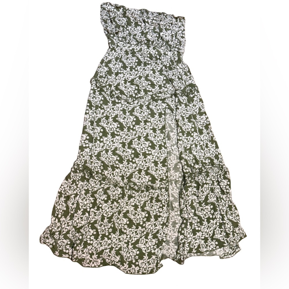 Green‎ White Floral Strapless Maxi Dress Boho Cottagecore Resort Summer Slit L